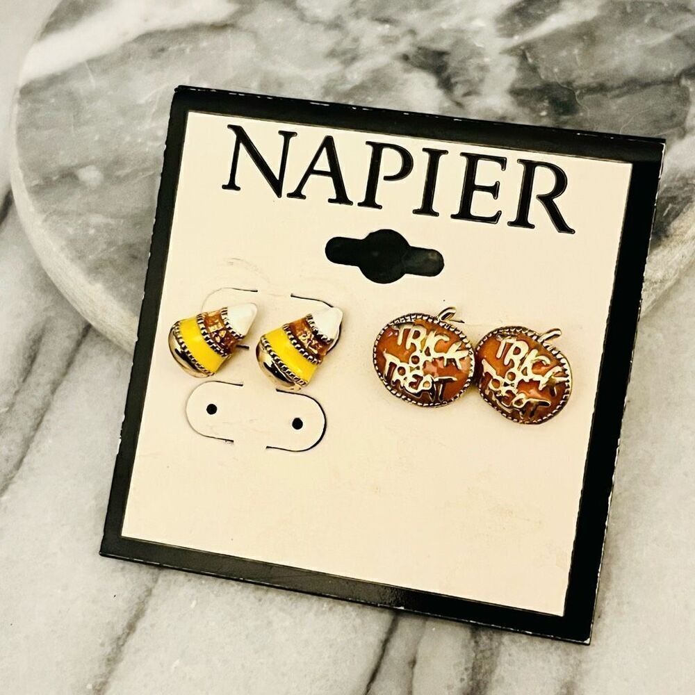 Napier Halloween Trick or Treat Earrings Set of 2 Stud Pumpkin Candy Corn Fall